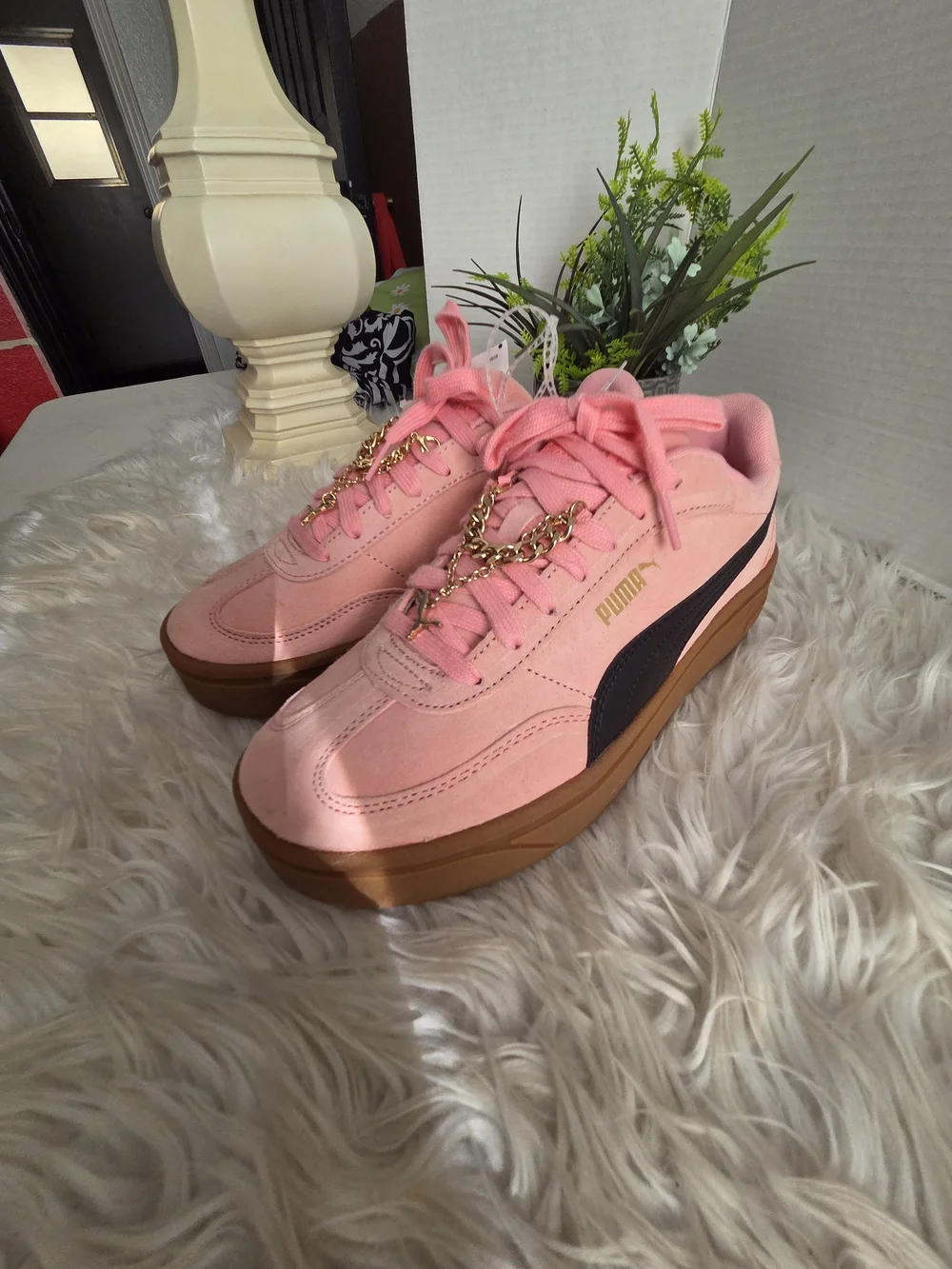 Puma Pink Suede Sneakers with Black Formstripe and Brown Gum Sole
